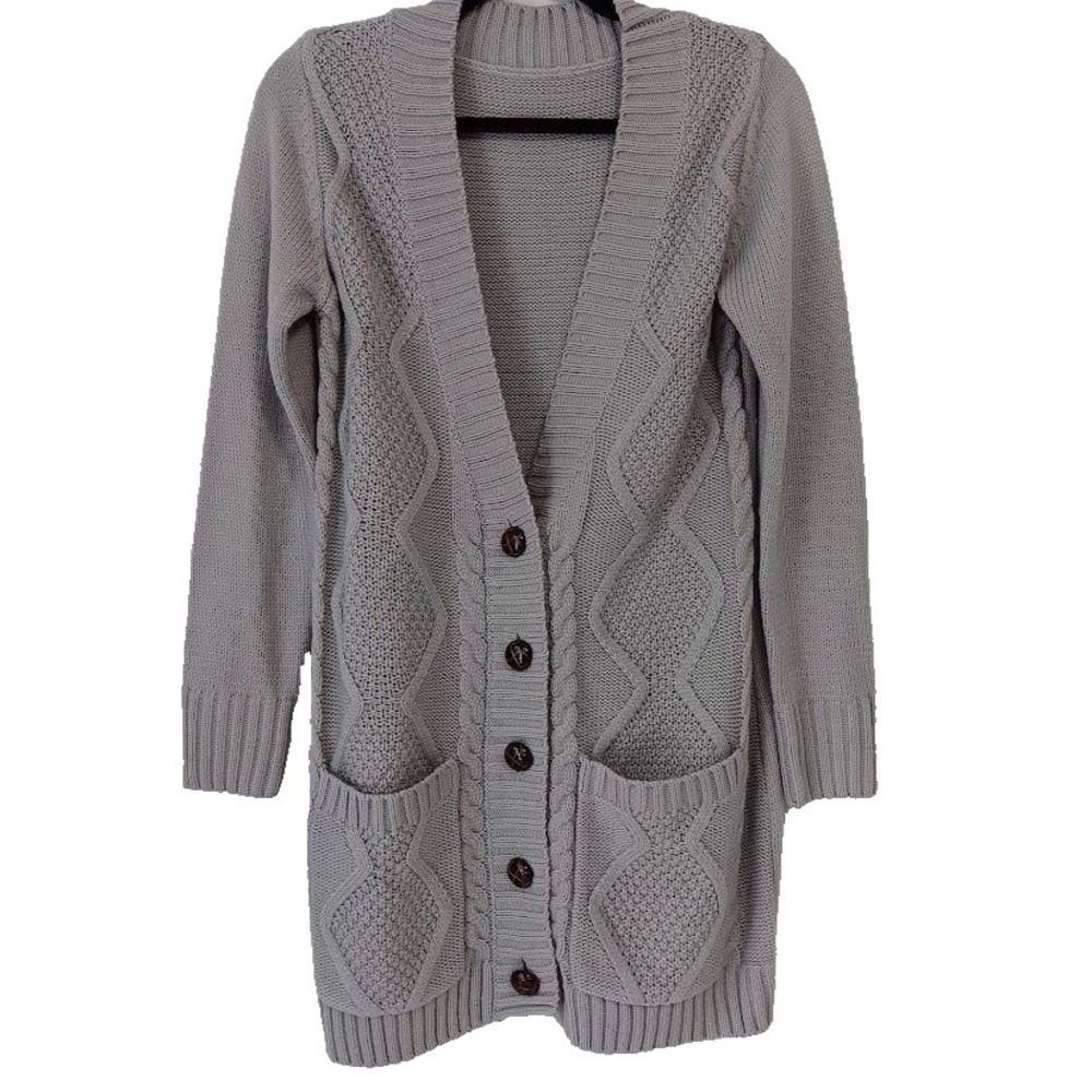 Cardigan Sweater Womens Small Gray‎ Longline Cable Knit Button Front Pockets
